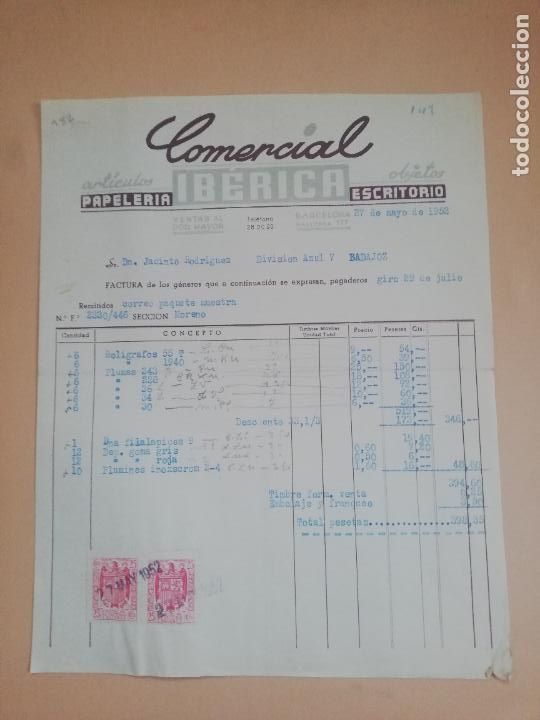 Old Invoices: FACTURA. ARTICULOS PAPELERIA ESCRITORIO. COMERCIAL IBERICA. BARCELONA, 1952.