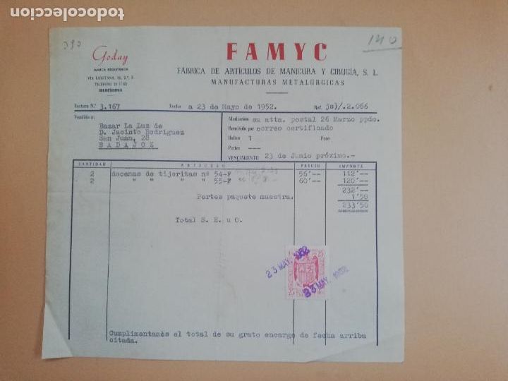 Old Invoices: FACTURA. FABRICA DE ARTICULOS DE MANICURA Y CIRUGIA, S.L. FAMYC. BARCELONA, 1952.