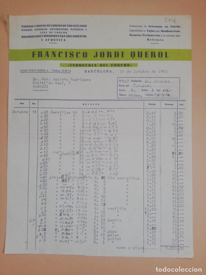 Old Invoices: FACTURA. INDUSTRIA DEL CORCHO. FRANCISCO JORDI QUEROL. BARCELONA, 1952.