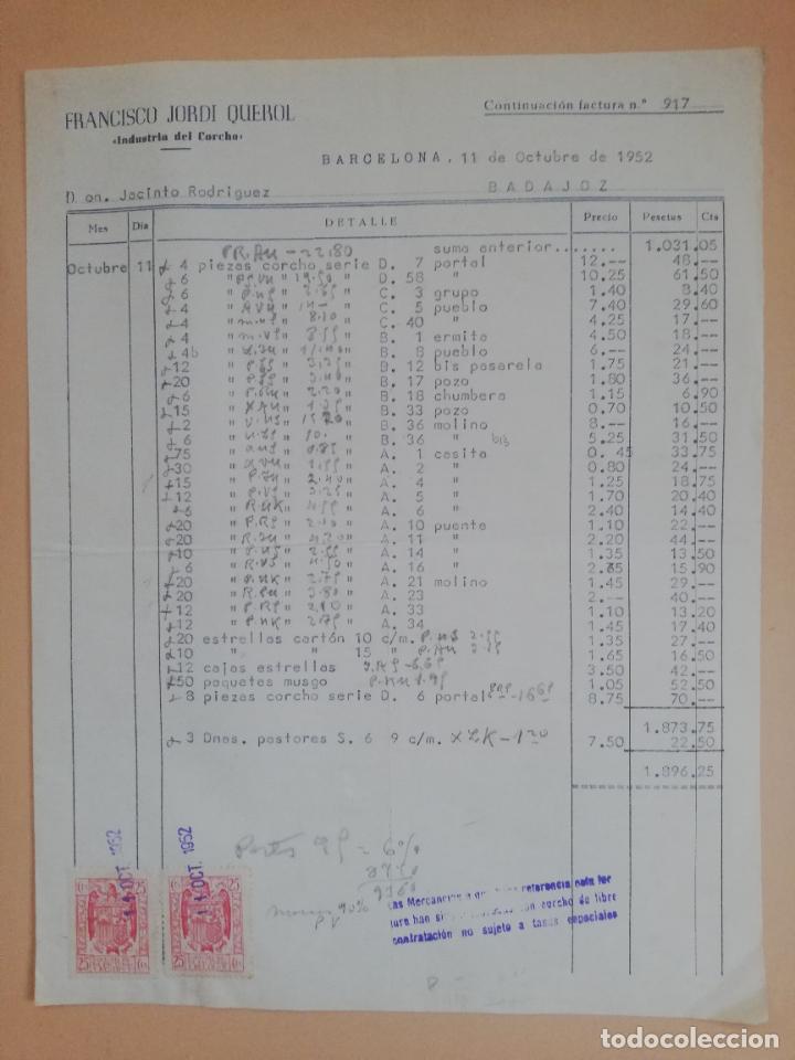 Old Invoices: FACTURA. INDUSTRIA DEL CORCHO. FRANCISCO JORDI QUEROL. BARCELONA, 1952.