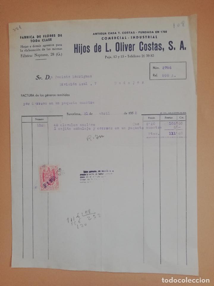 Old Invoices: FACTURA. FABRICA DE FLORES. HIJOS DE L. OLIVER COSTAS, S.A. BARCELONA, 1952.