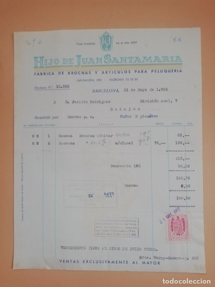 Old Invoices: FACTURA. FABRICA DE BROCHAS Y ARTICULOS PARA PELUQUERIA. HIJO DE JUAN SANTAMARIA. BARCELONA. 1952.