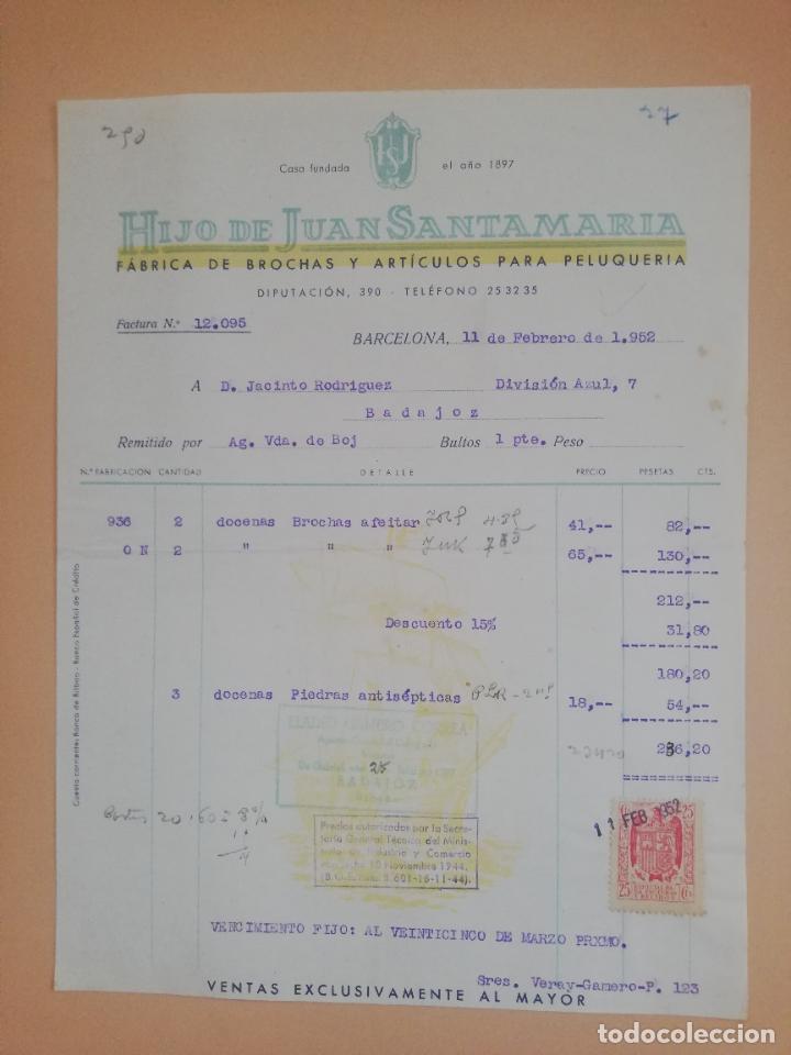 Old Invoices: FACTURA. FABRICA DE BROCHAS Y ARTICULOS PARA PELUQUERIA. HIJO DE JUAN SANTAMARIA. BARCELONA. 1952.