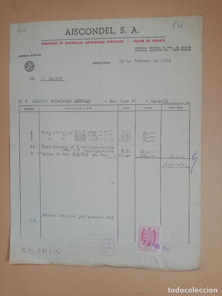 Old Invoices: FACTURA. INDUSTRIA DE MATERIALES ARTIFICIALES PLASTICOS. AISCONDEL, S.A. BARCELONA, 1952.