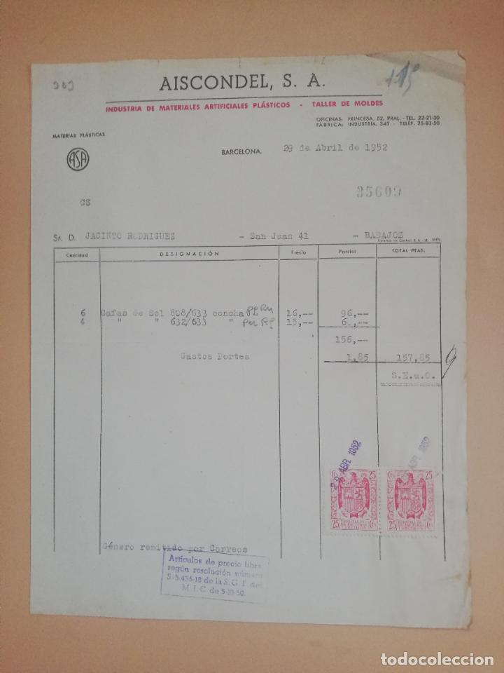 Old Invoices: FACTURA. INDUSTRIA DE MATERIALES ARTIFICIALES PLASTICOS. AISCONDEL, S.A. BARCELONA, 1952.
