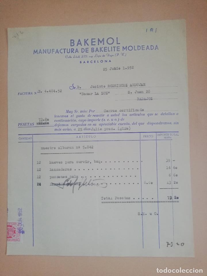 Factures anciennes: FACTURA. BAKEMOL. MANUFACTURA DE BAKELITE MOLDEADA. BARCELONA, 1952.