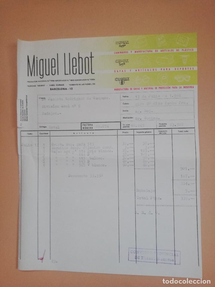 Factures anciennes: FACTURA. MIGUEL LLEBOT. MANUFACTURA DE GAFAS DE PROTECCION PARA INDUSTRIA Y DEPORTE. BARCELONA, 1964