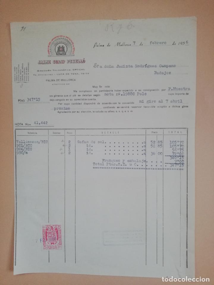 Factures anciennes: FACTURA. FABRICACION E IMPORTACION DE ARTICULOS DE OPTICA.JAIME GUASP PERELLO.PALMA DE MALLORCA 1956