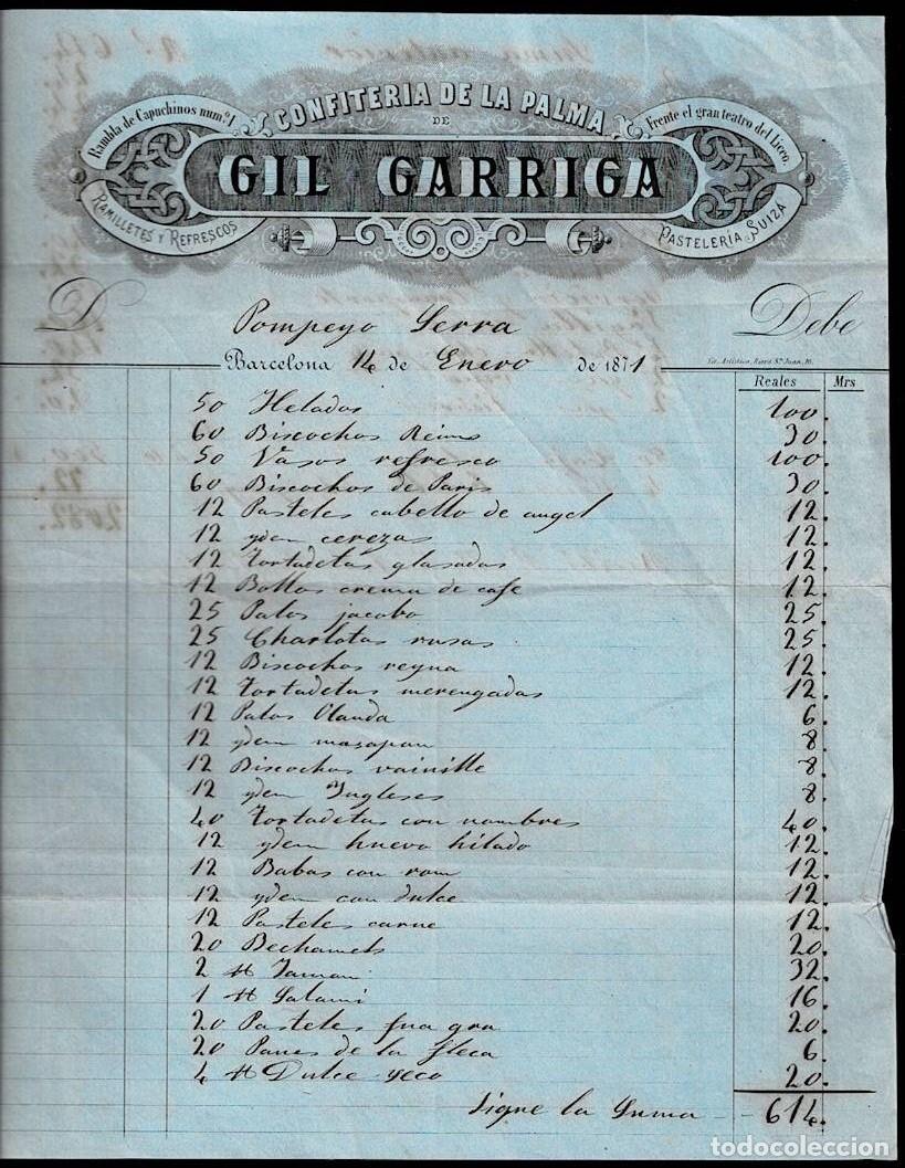 Alte Rechnungen: L27-19 Factura, a doble folio, de Confiteria de la Palma de GIL GARRIGA de Barcelona del 14 de Ener