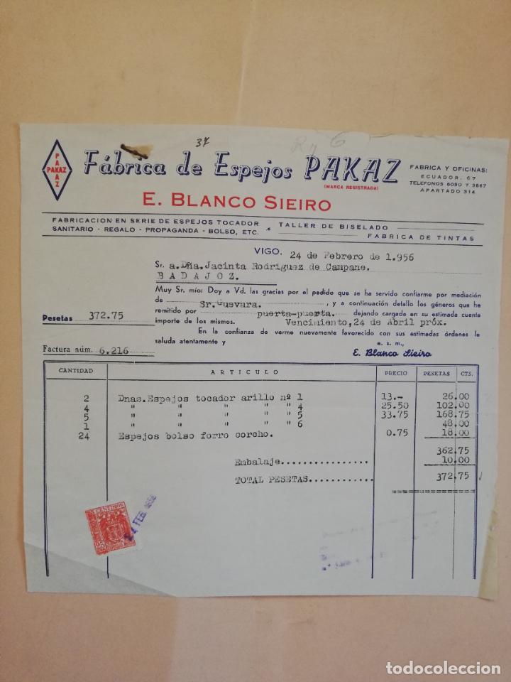 Facturas antiguas: FACTURA. FABRICA DE ESPEJOS PAKAZ. EDELMIRO BLANCO SIEIRO. VIGO, 1956.