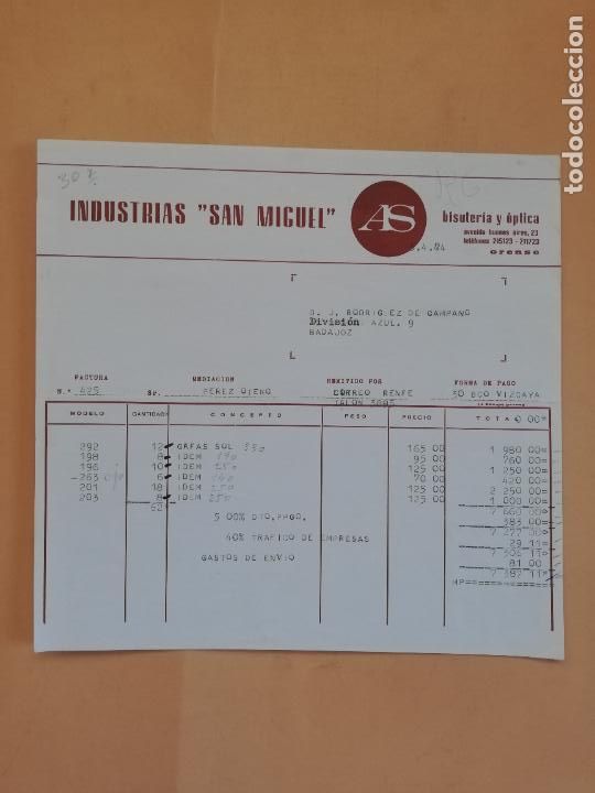 Facturas antiguas: FACTURA. INDUSTRIAS SAN MIGUEL. BISUTERIA Y OPTICA. ORENSE, 1974.