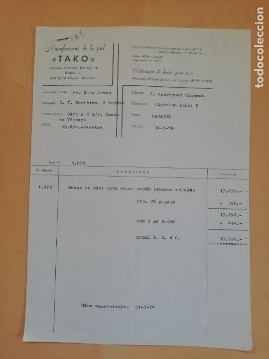 Facturas antiguas: FACTURA. TAKO. MANUFACTURAS DE LA PIEL. ARTESANIA DE BOTAS PARA VINO. PAMPLONA. 1974.
