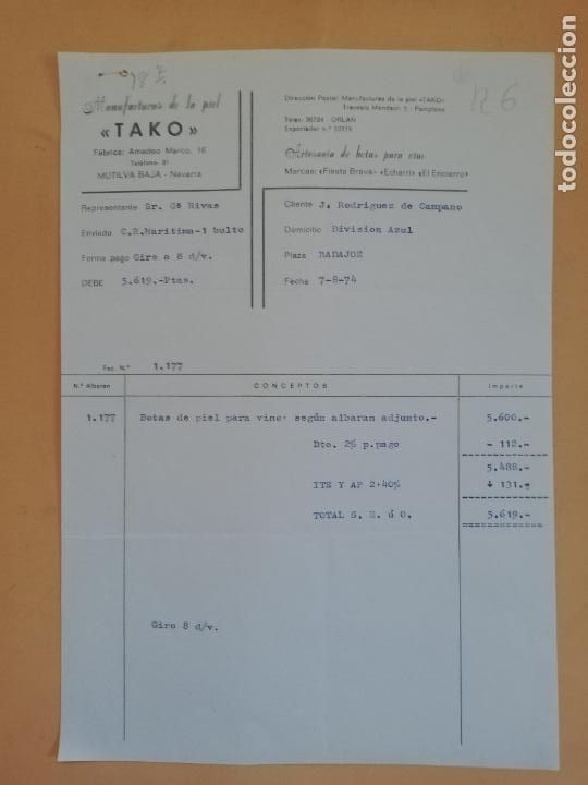 Facturas antiguas: FACTURA. TAKO. MANUFACTURAS DE LA PIEL. ARTESANIA DE BOTAS PARA VINO. PAMPLONA. 1974.