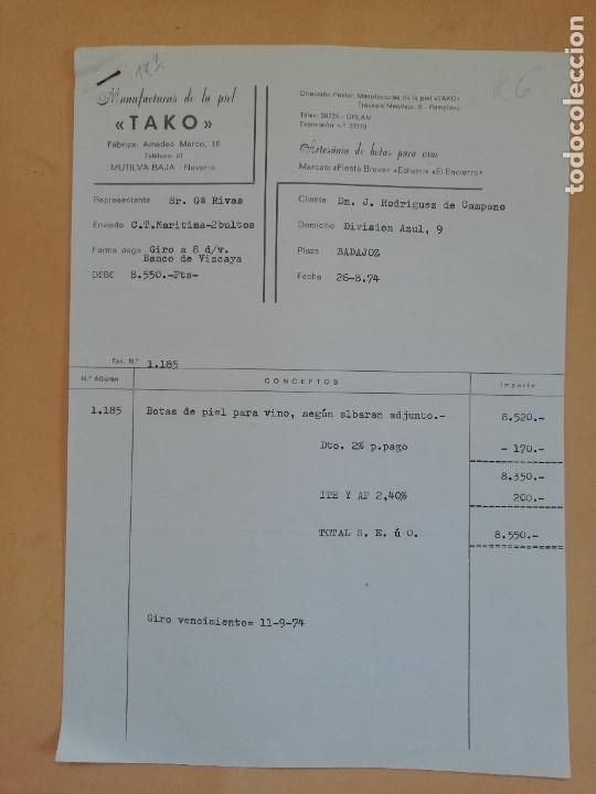 Facturas antiguas: FACTURA. TAKO. MANUFACTURAS DE LA PIEL. ARTESANIA DE BOTAS PARA VINO. PAMPLONA. 1974.