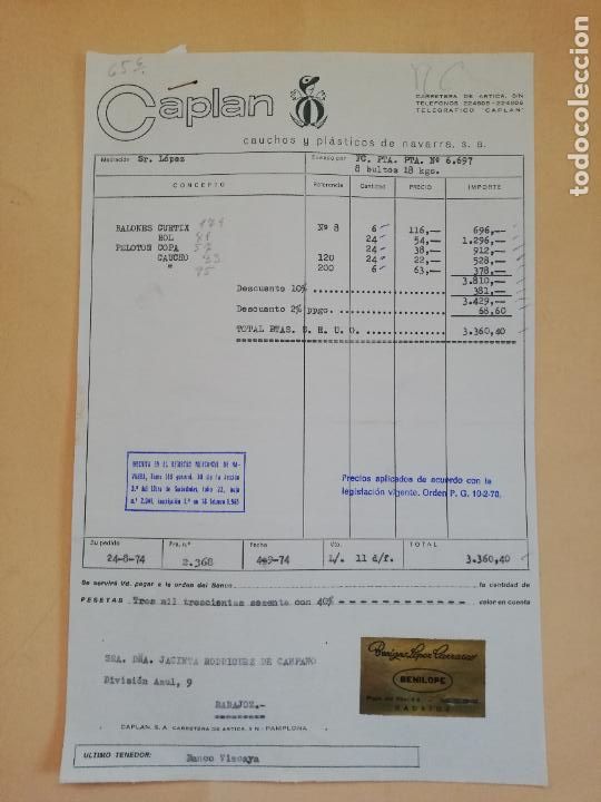 Facturas antiguas: FACTURA. CAPLAN. CAUCHOS Y PLASTICOS DE NAVARRA. BADAJOZ. 1974.