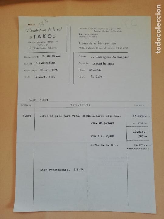 Facturas antiguas: FACTURA. TAKO. MANUFACTURAS DE LA PIEL. ARTESANIA DE BOTAS PARA VINO. PAMPLONA. 1974.