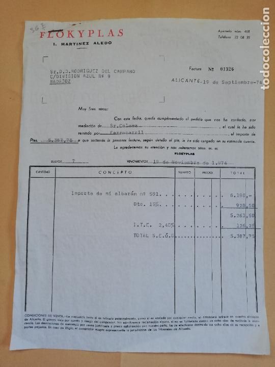Old Invoices: FACTURA. FLOKYPLAS. I. MARTINEZ ALEDO. ALICANTE, 1974.