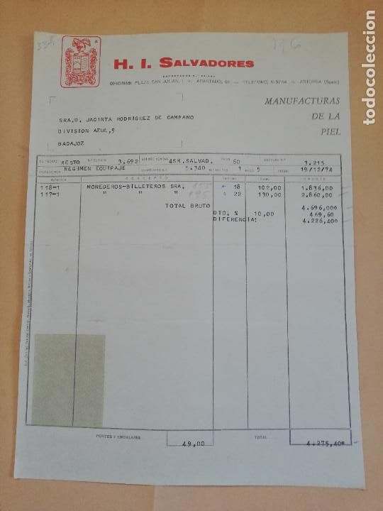 Old Invoices: FACTURA. H. I. SALVADORES, S. L. MANUFACTURAS DE LA PIEL. ASTORGA, LEON. 1974.