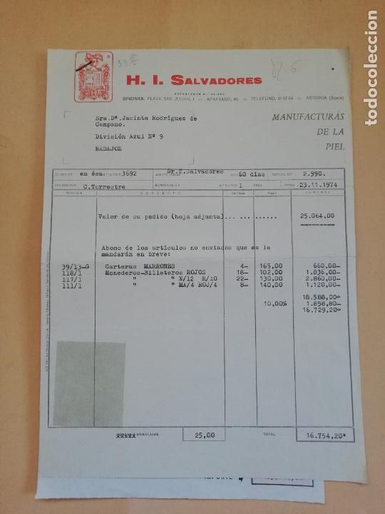 Old Invoices: FACTURA. H. I. SALVADORES, S. L. MANUFACTURAS DE LA PIEL. ASTORGA, LEON. 1974. DOS HOJAS.