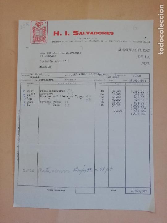 Old Invoices: FACTURA. H. I. SALVADORES, S. L. MANUFACTURAS DE LA PIEL. ASTORGA, LEON. 1974.