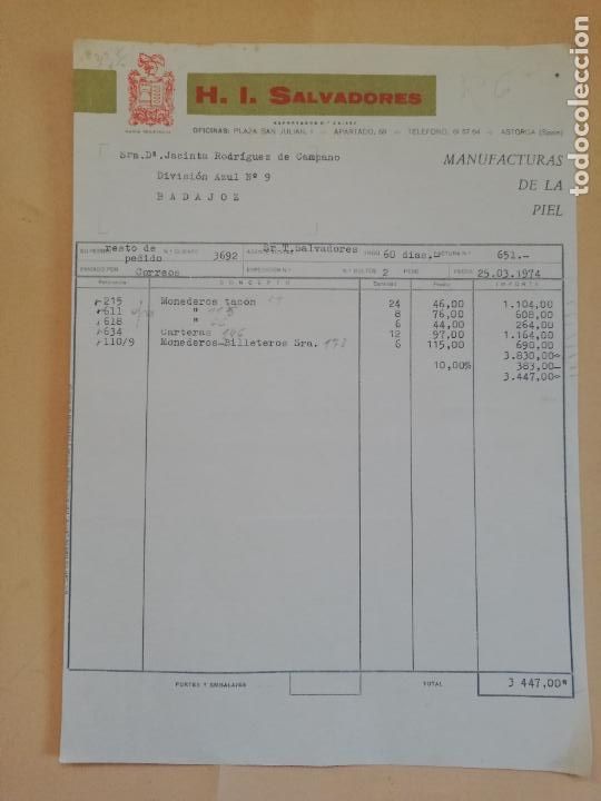 Old Invoices: FACTURA. H. I. SALVADORES, S. L. MANUFACTURAS DE LA PIEL. ASTORGA, LEON. 1974.
