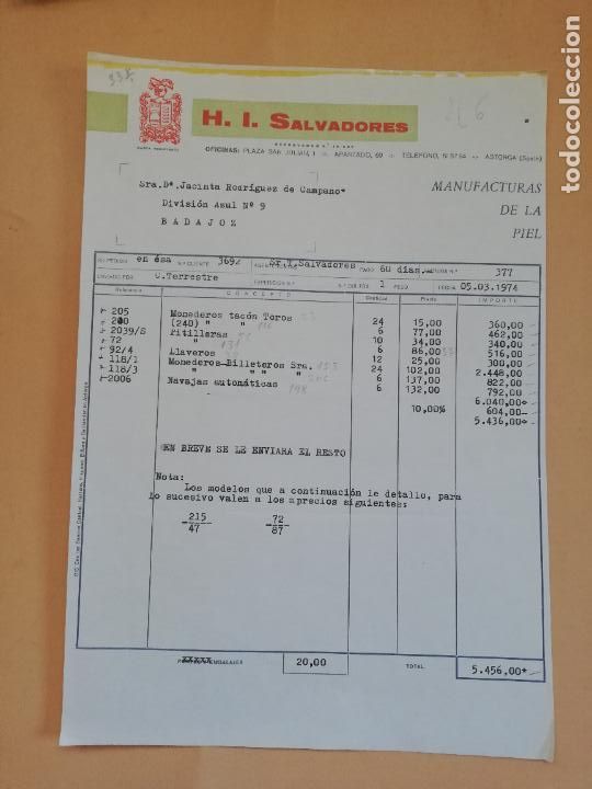 Old Invoices: FACTURA. H. I. SALVADORES, S. L. MANUFACTURAS DE LA PIEL. ASTORGA, LEON. 1974.