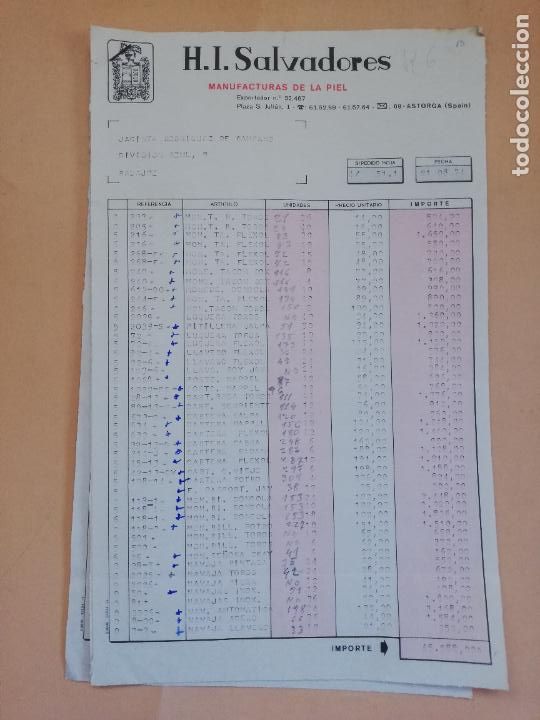 Old Invoices: FACTURA. H. I. SALVADORES, S. L. MANUFACTURAS DE LA PIEL. ASTORGA, LEON. 1974. TRES HOJAS.
