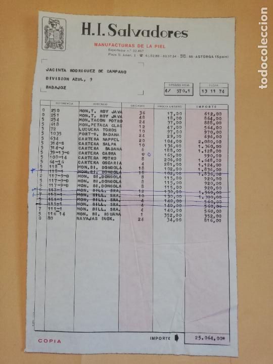 Old Invoices: FACTURA. H. I. SALVADORES, S. L. MANUFACTURAS DE LA PIEL. ASTORGA, LEON. 1974.