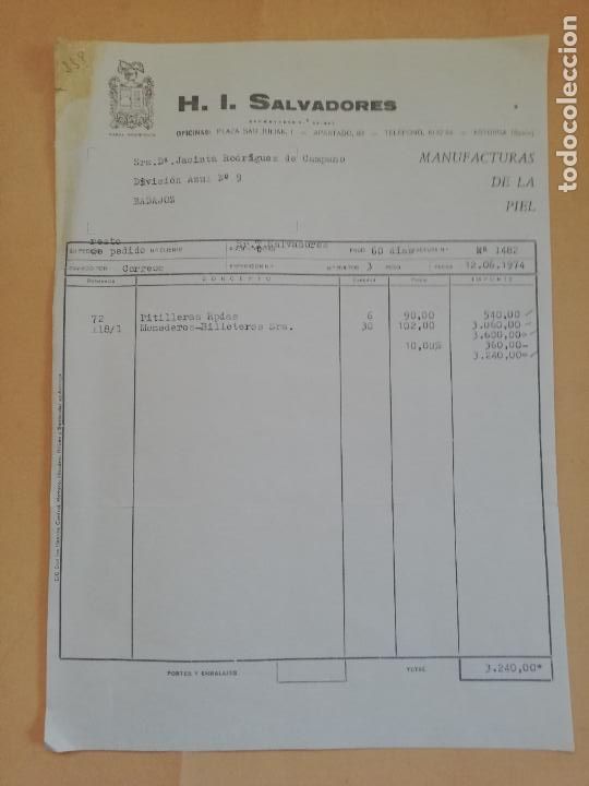 Old Invoices: FACTURA. H. I. SALVADORES, S. L. MANUFACTURAS DE LA PIEL. ASTORGA, LEON. 1974.
