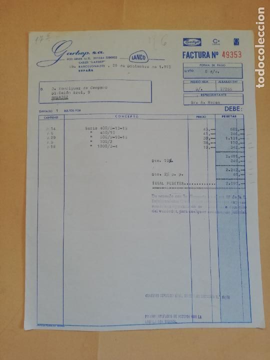 Old Invoices: FACTURA. GARBEP, S. A. CABLES GARBEP. BARCELONA. 1973.
