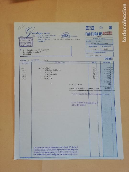 Old Invoices: FACTURA. GARBEP, S. A. CABLES GARBEP. BARCELONA. 1974.