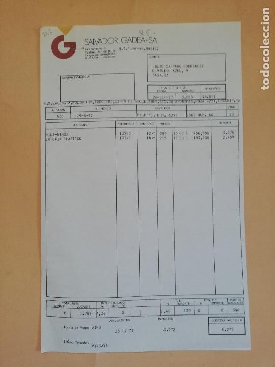 Old Invoices: FACTURA. SALVADOR GADEA, S. A. ALDAYA, VALENCIA, 1977.