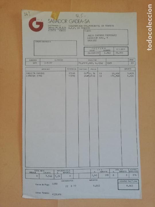 Old Invoices: FACTURA. SALVADOR GADEA, S. A. ALDAYA, VALENCIA, 1977.