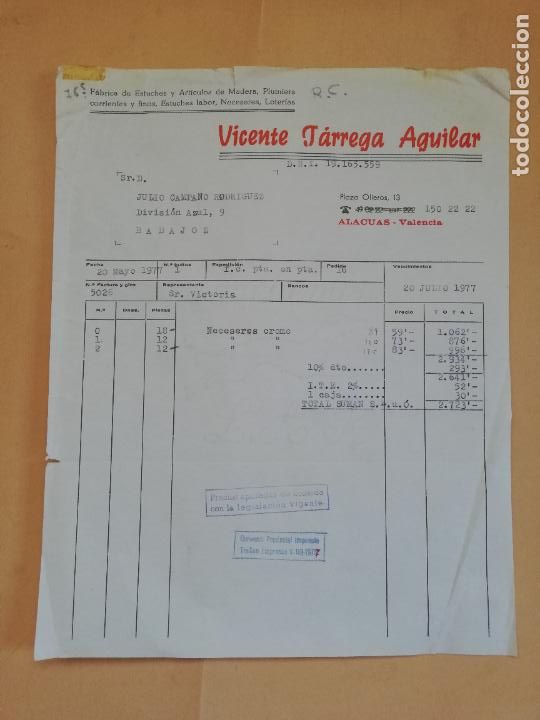 Old Invoices: FACTURA. FABRICA DE ESTUCHES Y ARTICULOS DE MADERA. VICENTE TARREGA AGUILAR. ALACUAS, VALENCIA. 1977