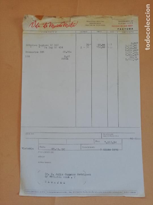 Old Invoices: FACTURA. INDUSTRIAS GRAFICAS. VDA. DE MOISES MATA. ALCAZAR DE SAN JUAN, CIUDAD REAL. 1978.