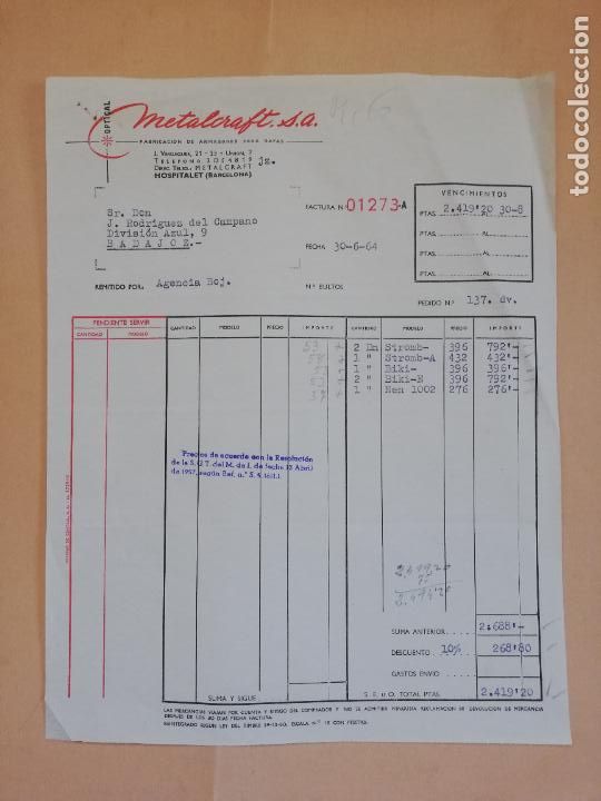 Old Invoices: FACTURA. FABRICACION DE ARMAZONES PARA GAFAS. METALCRAFT, S.A. HOSPITALET, BARCELONA. 1964.
