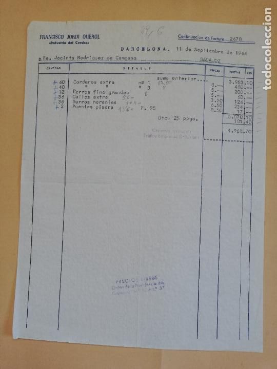 Old Invoices: FACTURA. INDUSTRIA DEL CORCHO. FRANCISCO JORDI QUEROL. BARCELONA, 1964.