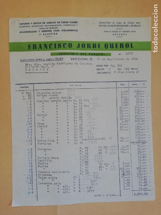 Old Invoices: FACTURA. TAPONES Y DISCOS DE CORCHO DE TODAS CLASES. FRANCISCO JORDI QUEROL. BARCELONA, 1964.