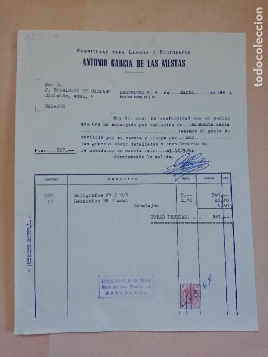 Old Invoices: FACTURA. FORNITURAS PARA LAPICES Y BOLIGRAFOS. ANTONIO GARCIA DE LAS MESTAS. BARCELONA, 1964.