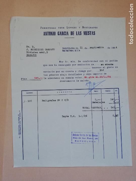 Old Invoices: FACTURA. FORNITURAS PARA LAPICES Y BOLIGRAFOS. ANTONIO GARCIA DE LAS MESTAS. BARCELONA, 1964.