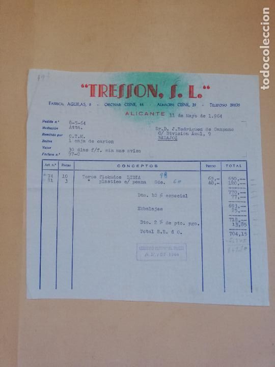 Old Invoices: FACTURA. TRESSON, S. L. ALICANTE. 1964.