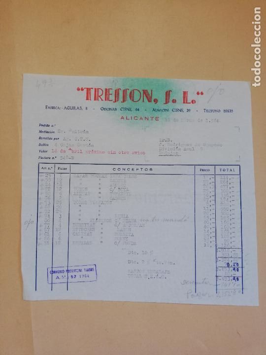 Old Invoices: FACTURA. TRESSON, S. L. ALICANTE. 1964.