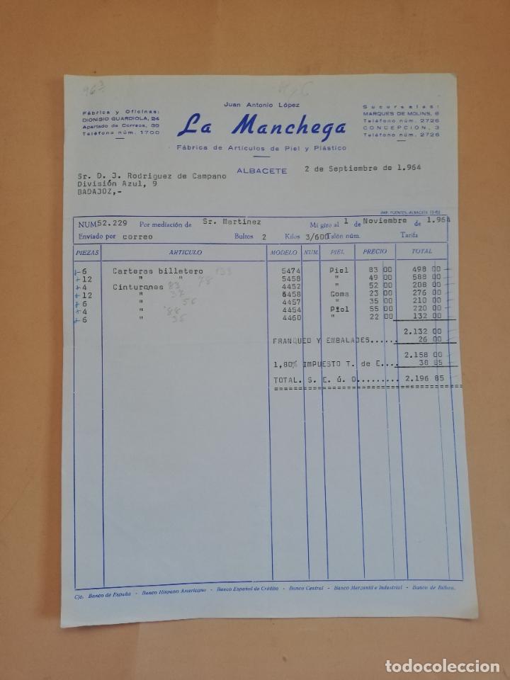Old Invoices: FACTURA. FABRICA DE ARTICULOS DE PIEL. LA MANCHEGA. JUAN ANTONIO LOPEZ. ALBACETE. 1964.