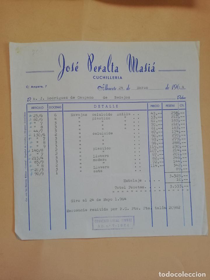 Old Invoices: FACTURA. CUCHILLERIA. JOSE PERALTA MASIA. ALBACETE, 1964.