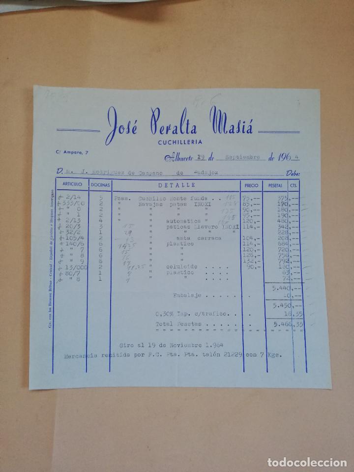 Old Invoices: FACTURA. CUCHILLERIA. JOSE PERALTA MASIA. ALBACETE, 1964.