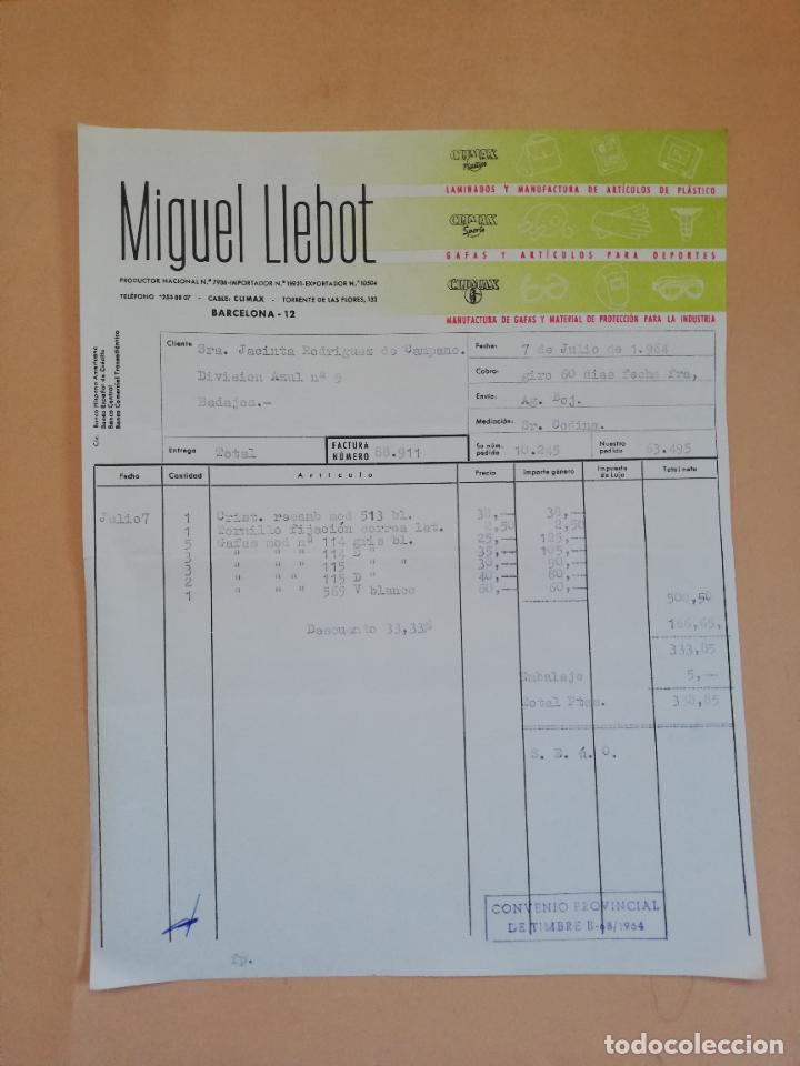 Old Invoices: FACTURA. MIGUEL LLEBOT. MANUFACTURA DE GAFAS DE PROTECCION PARA INDUSTRIA Y DEPORTE. BARCELONA, 1964