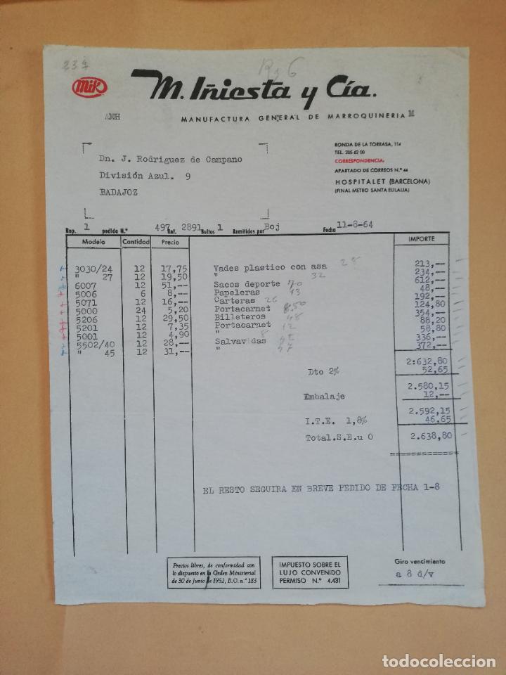 Old Invoices: FACTURA. MANUFACTURA GENERAL DE MARROQUINERIA. MIK, M. I&Ntilde;IESTA Y CIA. HOSPITALET, BARCELONA, 1964.