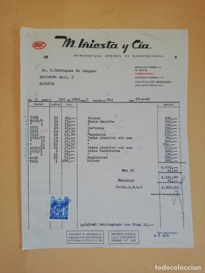 Old Invoices: FACTURA. MANUFACTURA GENERAL DE MARROQUINERIA. MIK, M. I&Ntilde;IESTA Y CIA. HOSPITALET, BARCELONA, 1964.