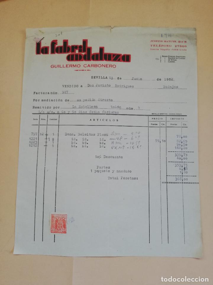 Old Invoices: FACTURA. LA FABRIL ANDALUZA. GUILLERMO CARBONERO. SEVILLA. 1952.