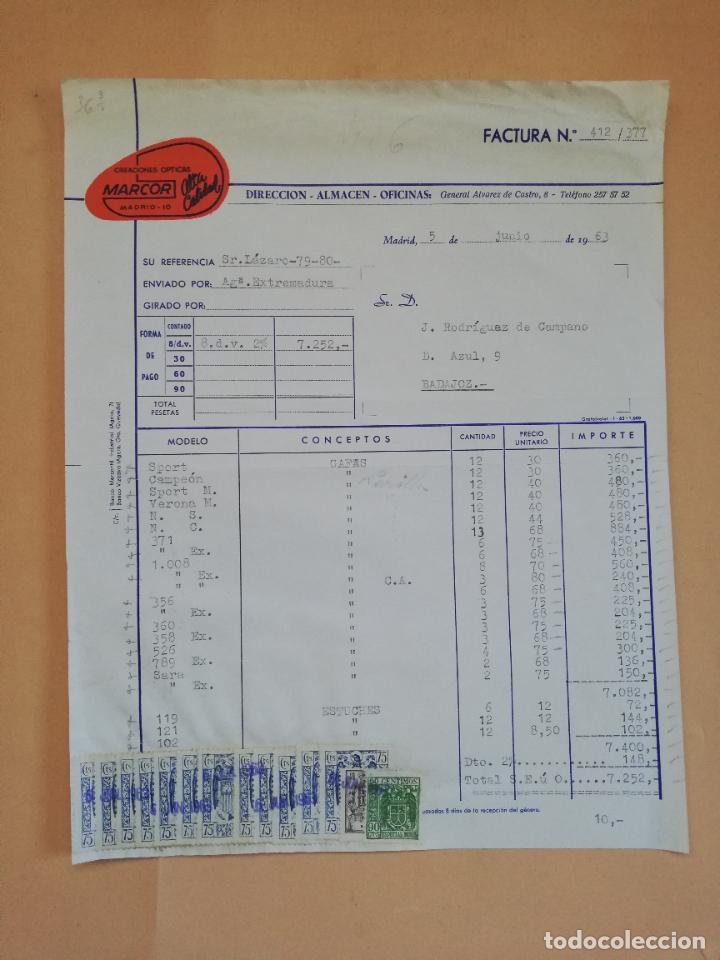 Old Invoices: FACTURA. CREACIONES OPTICAS MARCOR. ALTA CALIDAD. MADRID. 1963.
